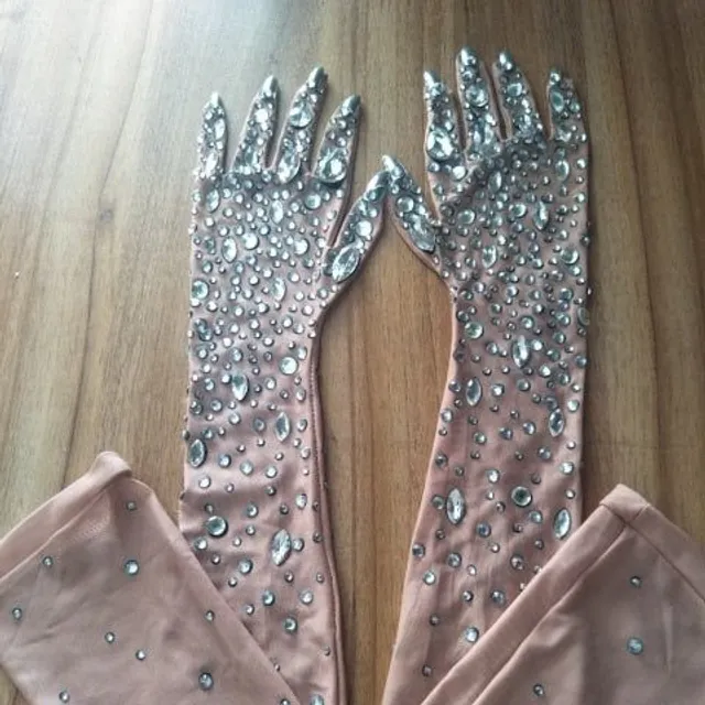 Luxurious long gloves shiny crystal netting