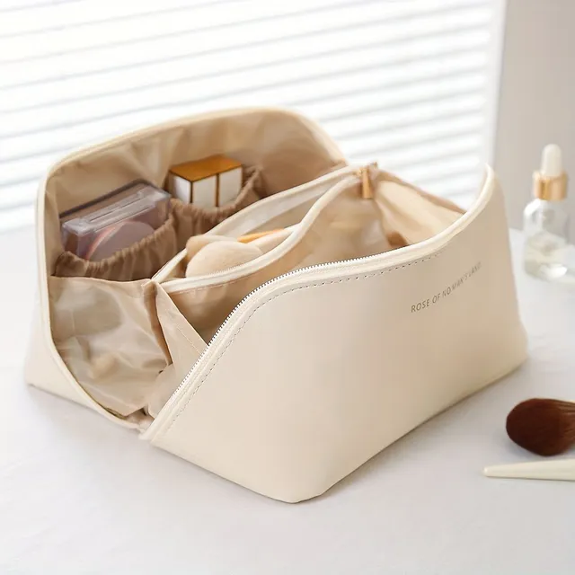 Veľkokapacitná cestovná kozmetická taška, Vodotesná cestovná toaletná taška na make-up, multifunkčná make-up taška s rukoväťou a priečkami, PU kožená taška pre ženy
