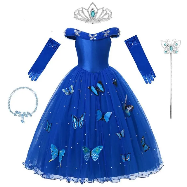 Sukienka księżniczki z akcesoriami - Księżniczka Kopciuszek Niebieski Motyl