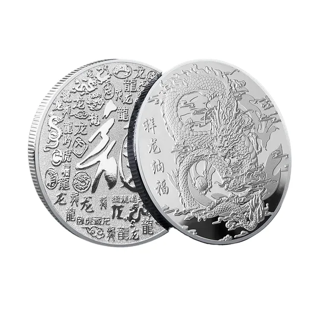 Chinese metal coin with dragon motif Collector Chinese coin for happiness Gold-plated coin with mythical dragon and Chinese characters Silver plated coin in traditional Chinese style 4 cm