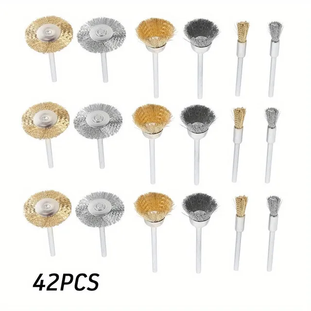 Set of 42 wire brushes with brass coating for drill