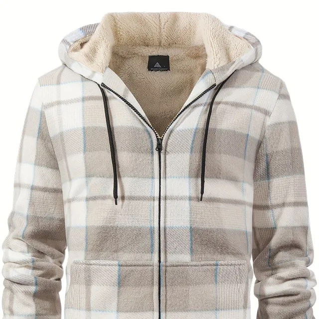 Male plaid fleece sweatshirt with hood, warm, strong, zipper - for leisure, long sleeve and lining Sherpa