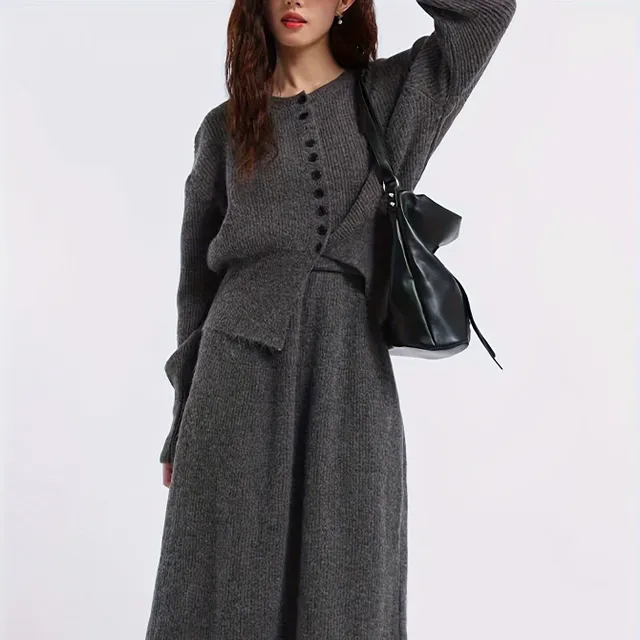 Elegant women's two-piece set - knitted jacket with long sleeve and skirt with high waist