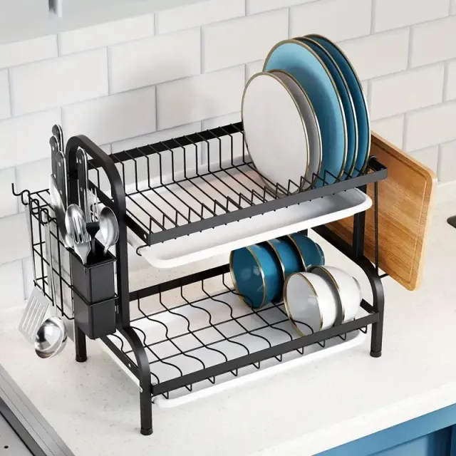 Sušák na nádobí se 2 nebo 3 patry s odkapávačem - pro úsporu místa na kuchyňské lince