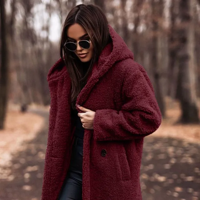 Fashion long pure color wool ladies long sleeve coat wine-red l