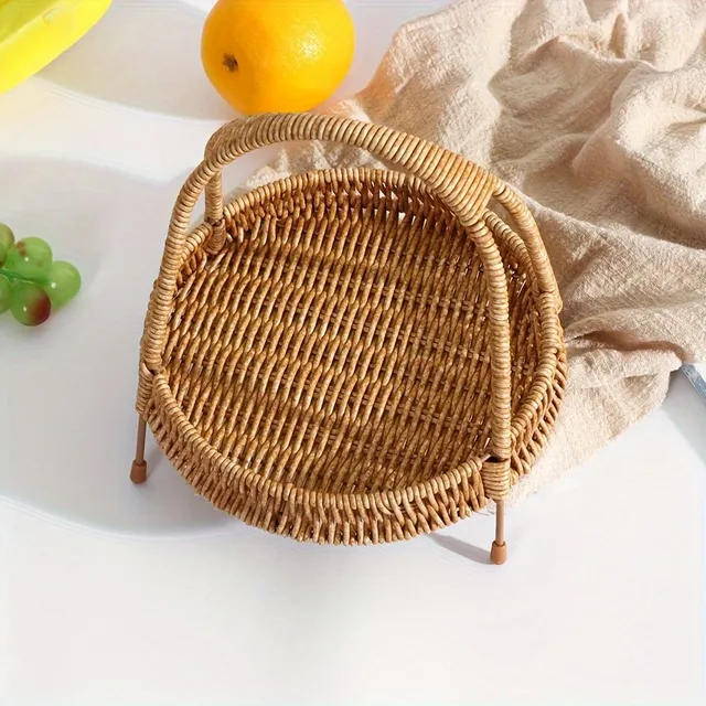 1pc handmade plastic rattan storage basket with handle, round organizer on table, fruit and bread basket, multipurpose woven tray