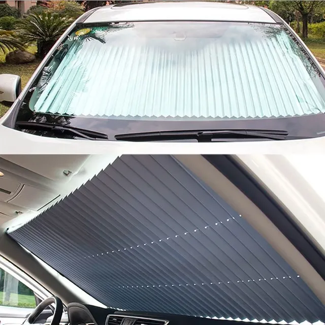 Practical retractable car windscreen blinds against the heat from the Sevyn sun