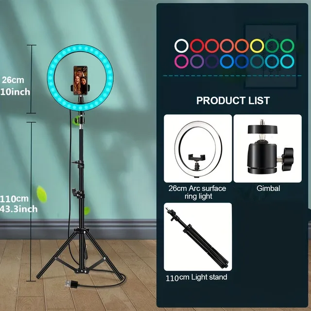 Ringlight pre selfies a tvorbu (25,4 cm) s nastaviteľným RGB LED svetlom, statívom a telefónnym držiakom