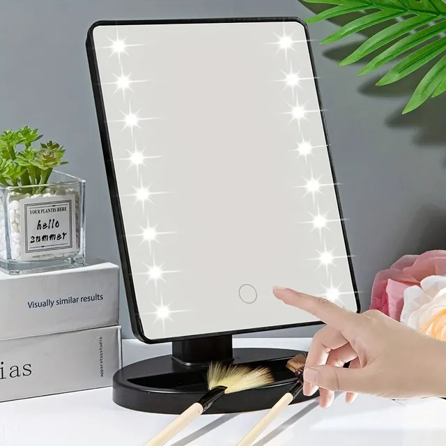 Oglindă cosmetică iluminată, pătrată, alimentată cu baterii și USB, alimentare duală, control tactil, lumină reglabilă, portabilă, pentru masă în dormitor și cămin