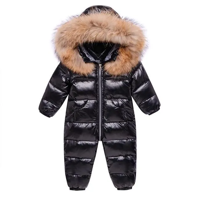 Children's warm winter jumpsuit with faux fur around the hood