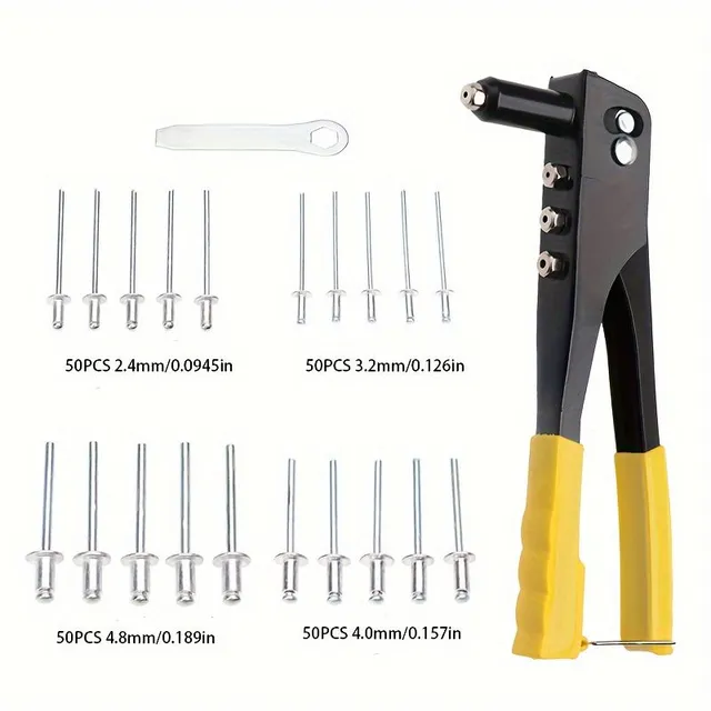 Riveting set with hand-held rivet, contains aluminium rivets. Suitable for metal, plastic and artificial leather