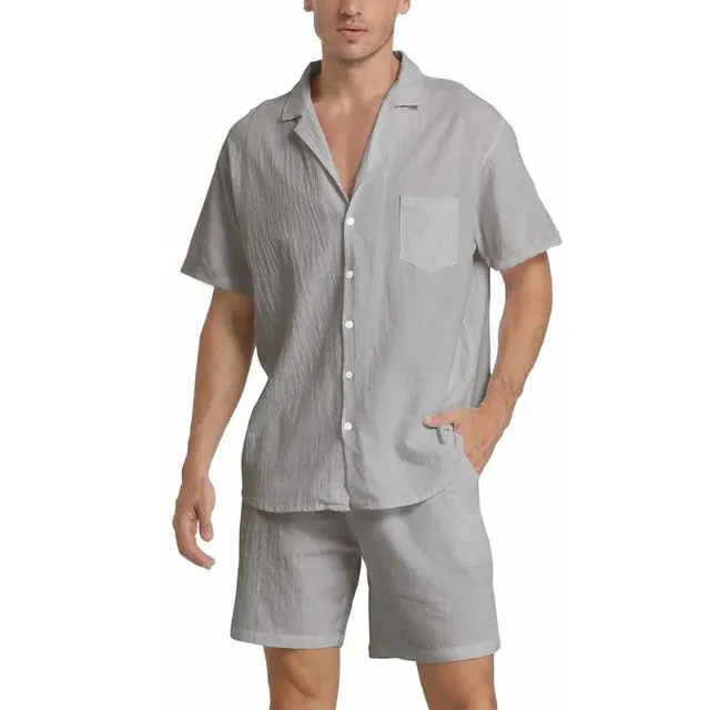 Men's 2-piece summer set in cotton and linen - short sleeve and shorts