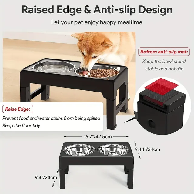 Adjustable stand for dog bowls - Elevated, stainless steel bowls, for small, medium and large dogs