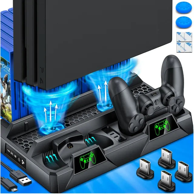 Vertical cooling stations with charging station for two PS4 drivers