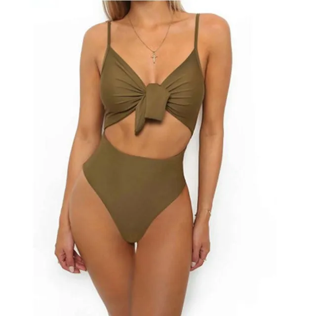 Women's one-piece swimsuit with a deep neckline and a sexy slit