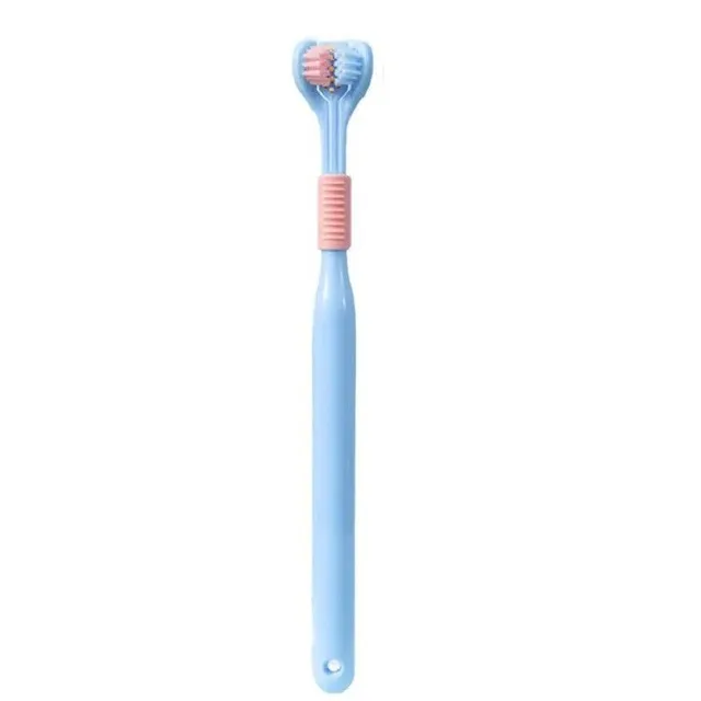 Brosse à dents à trois têtes avec poils doux Brosse à dents souple 360° pour adultes avec grattoir à langue 19,5 x 2,5 cm