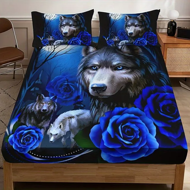 Stylish blue-pink sheets with wolf motifs, soft, breathable bed sheets on the mattress, for bedroom and guest room