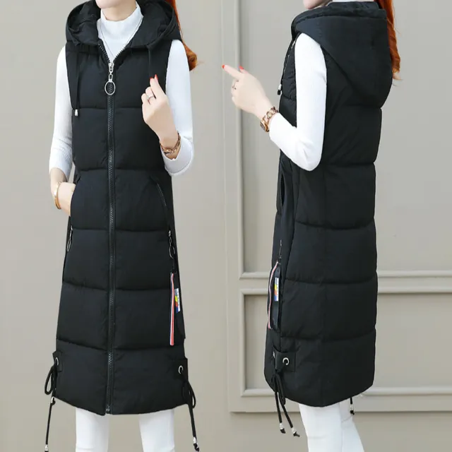 Women's warm long comfortable vest with hood and pockets