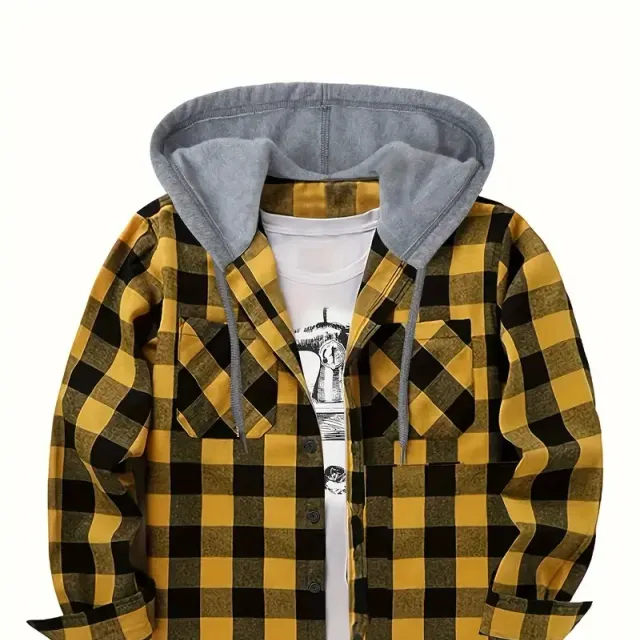 Men's plaid shirt jacket with long sleeves, hood and button closure - Regular fit