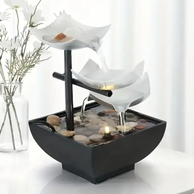 1pc modern relaxing indoor table fountain powered from USB, automatic pump with switch deep sink with natural river stones and reflective lighting fountain to living room, office, home decoration