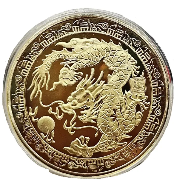 Pièce commémorative avec dragon chinois 4 cm - Pièce de collection avec dragon du zodiaque chinois - Pièce chinoise peinte et dorée avec dragon - Pièce métallique pour l'année du Dragon dans un étui transparent