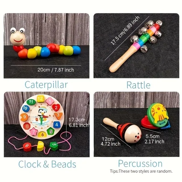 9 v 1 Dřevěné Montessori hračky, Rychlé zvonečky, Korálkový rachot, Buben, Sloupec, Hudební nástroje, Vzdělání předškolního věku