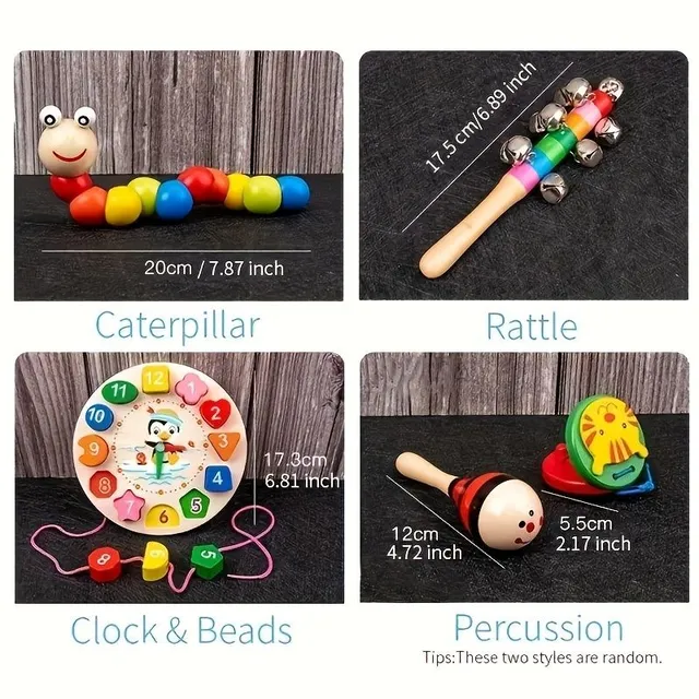 9 in 1 Wooden Montessori toys, Fast Bells, Bead Rumble, Drum, Column, Musical Instruments, Preschool Age Education