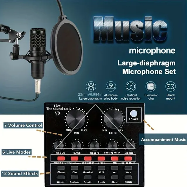 Studiový mikrofonní set BM800 pro podcasty a živé vysílání: Kondenzátorový mikrofon, zvuková karta V8, nastavitelné rameno, kovový držák a dvouvrstvý pop filtr