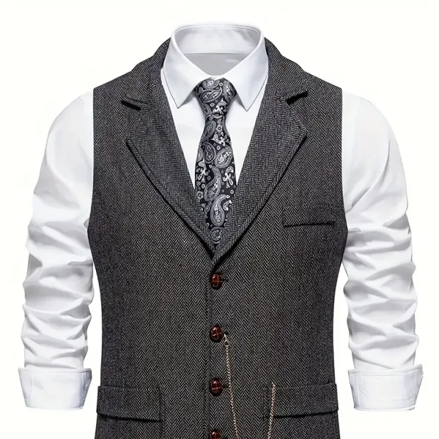 Men's retro herringbone vest with 1 button, Elegant lapel for business, banquet and wedding events