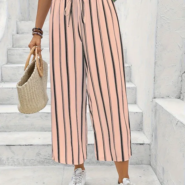 Lazy trousers with high waist, wide pants and stripes, with cord in the waist