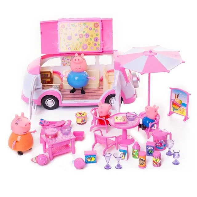 Peppa Wutz Toy Set - Pink Camping Bus with Grill and Accessories