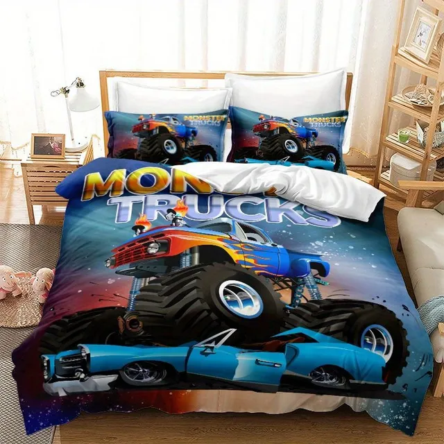 Cover for duvet and pillows with printing of cars and trucks, soft polyester - set 2 pcs