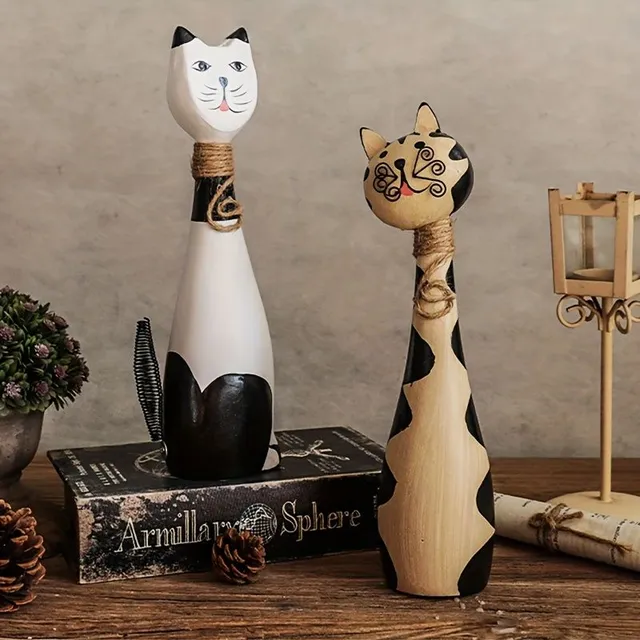 Set of two decorative wooden cats - simple carving art