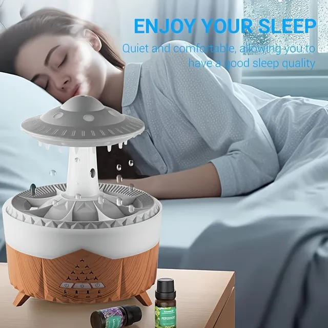 Air humidifier with rain cloud and drops, diffuser, aroma lamp