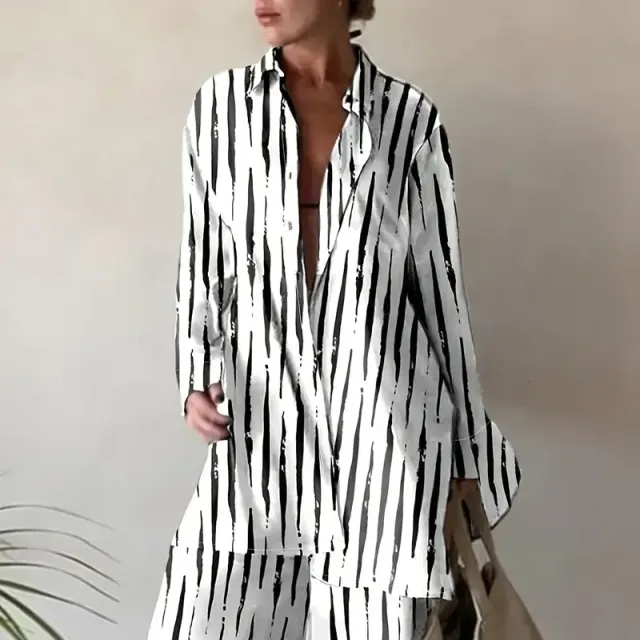 Women's two-piece set in excessive size - abstract striped printing, shirt with long sleeves and collar, trousers with high waist and wide pants