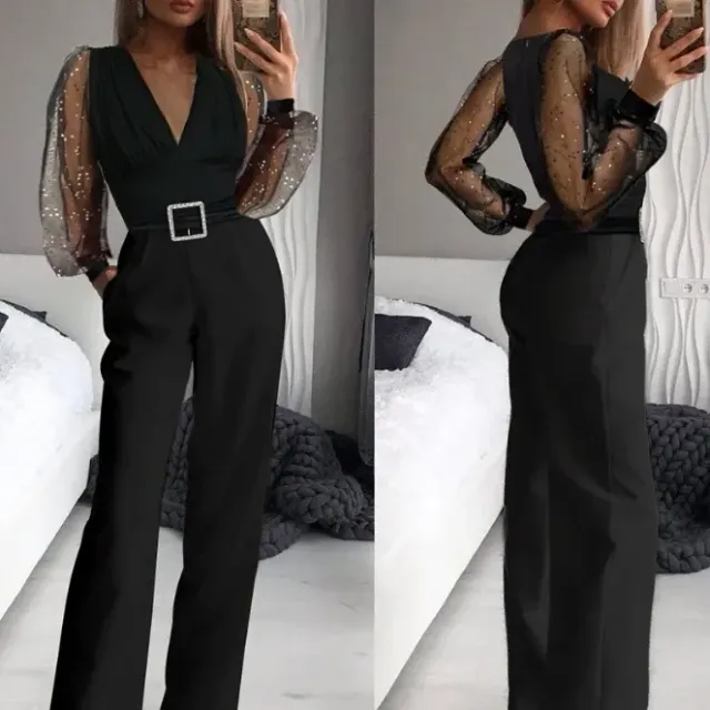 Women's fashionable sexy jumpsuit with V-neckline, shimmering semi-transparent mesh, wide legs and pockets