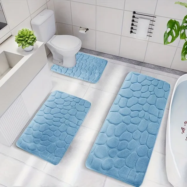 Set of 3 pieces of bathroom mats made of memory foam, anti-slip bath rug, U-shaped toilet mat, soft comfortable shower carpet, bath mat with stone printing monochrome, bathroom decoration, bathroom decoration, kitchen