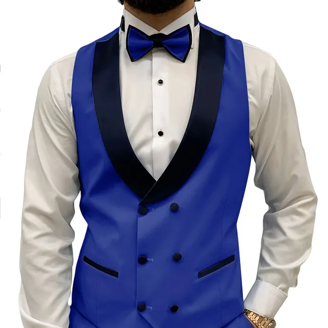 Mužský oblek Slim Fit s dvojitým zapínáním, kravatou, vestou a kalhotami - pro svatby, plesy, obchodní příležitosti [doplňky nejsou součástí]