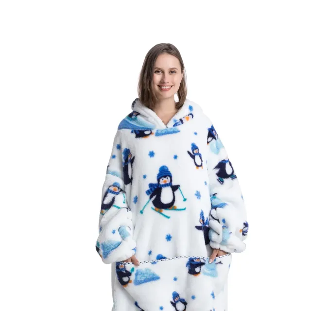 Wearable blanket with hood of stuffed animal and sherpa fleece for adults