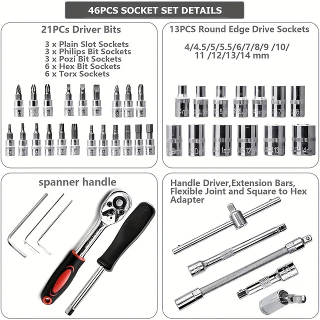 46 piece Ráčnová set with 1/4" sockets - Metric, with Cr-V heads 4-14 mm, extension adapters, for home car repairs