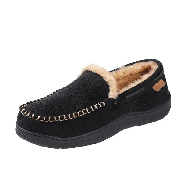 Men's comfortable Venetian loafers with memory foam and warm fleece - non-slip home shoes