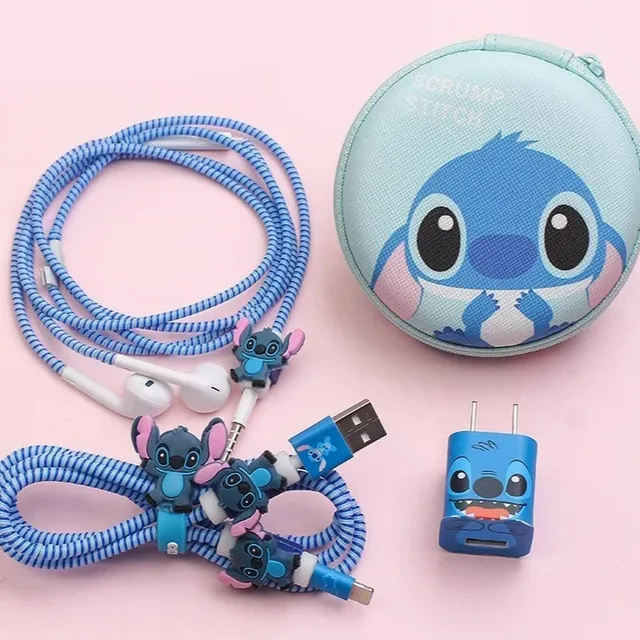 Protective cover for headphones and charger with cover and cable clips in Stitch theme