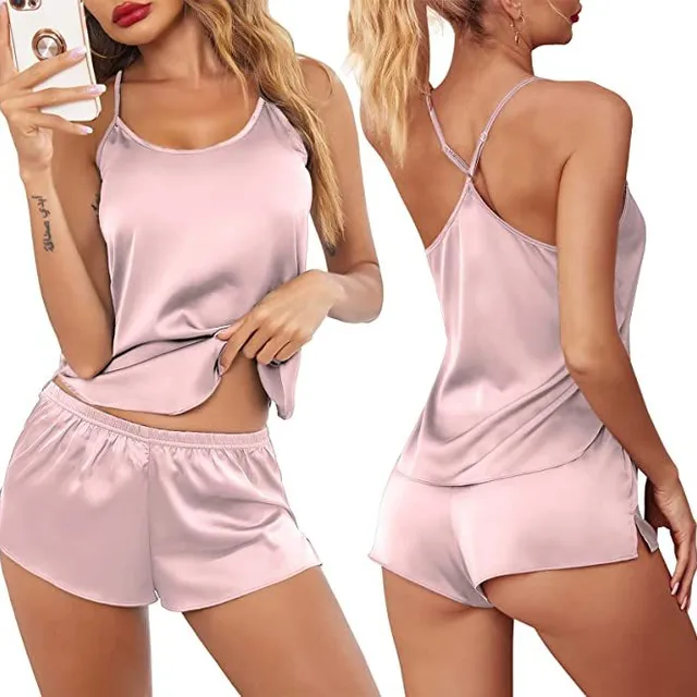 Women's sexy modern satin pyjama set with crossed back and shorts Celin