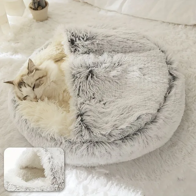 Soft donut-shaped teddy bed with hood for small dogs and cats