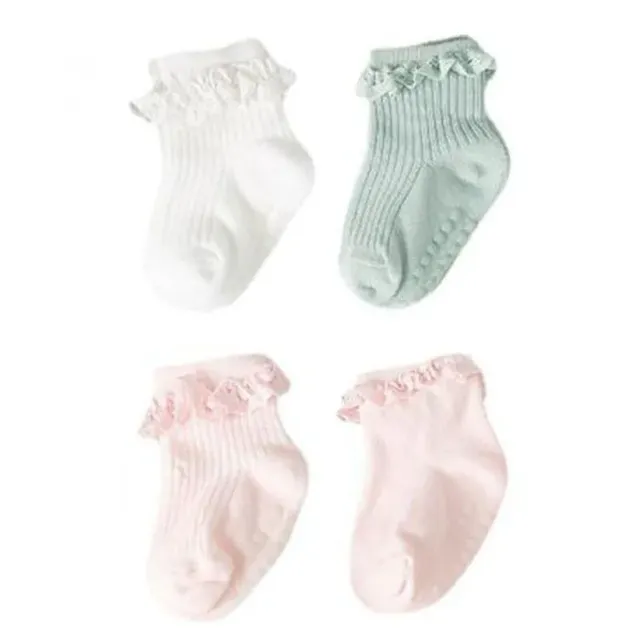 Dětské bavlněné protiskluzové ponožky na podzim a zimu s volánky pro miminka a batolata, 4 páry