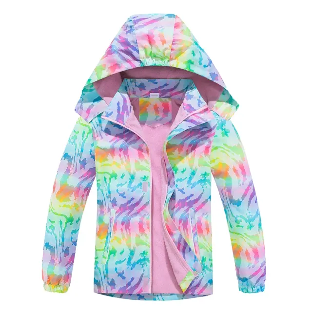 Girl rain jacket with hood and camouflage in rainbow colors - Waterproof and light baby jacket with removable hood and fleece lining