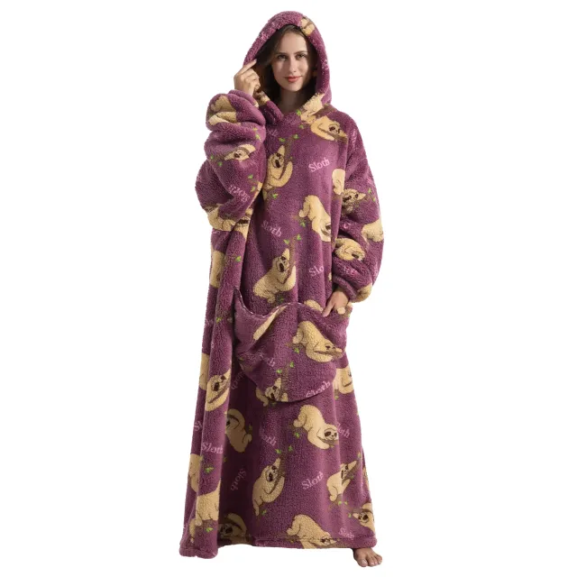 Wearable blanket with hood of stuffed animal and sherpa fleece for adults