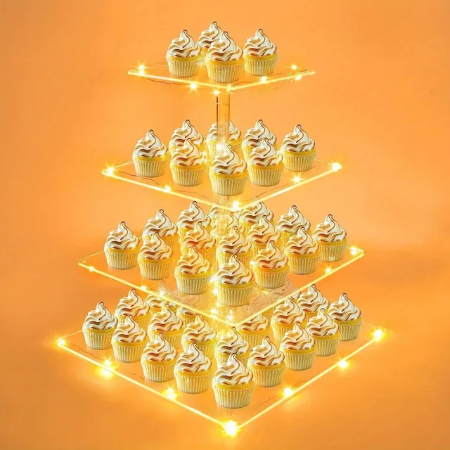 Dortík na piedestalu - 4 patra akrylu s LED světlem pro narozeniny, candy bar, svatby, párty a akce