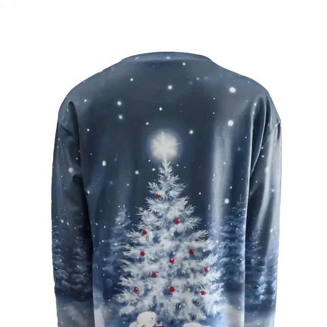 Women's Christmas sweater with tree printing, casual long sleeve, round neckline