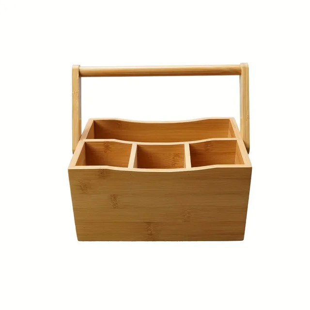 1pc Bamboo cutlery basket with handle - practical storage stand for tools in rustic style